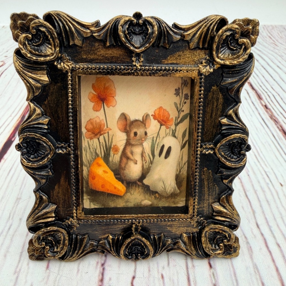 Mini Ornate Gold Black Resin Frame Mouse and Ghost Decoupage Art Print